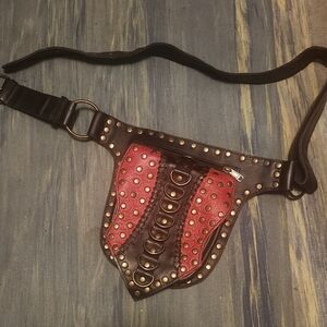 Studded Red and Black Waist Bag Goth Steam Punk Festival Wear Leather Belt